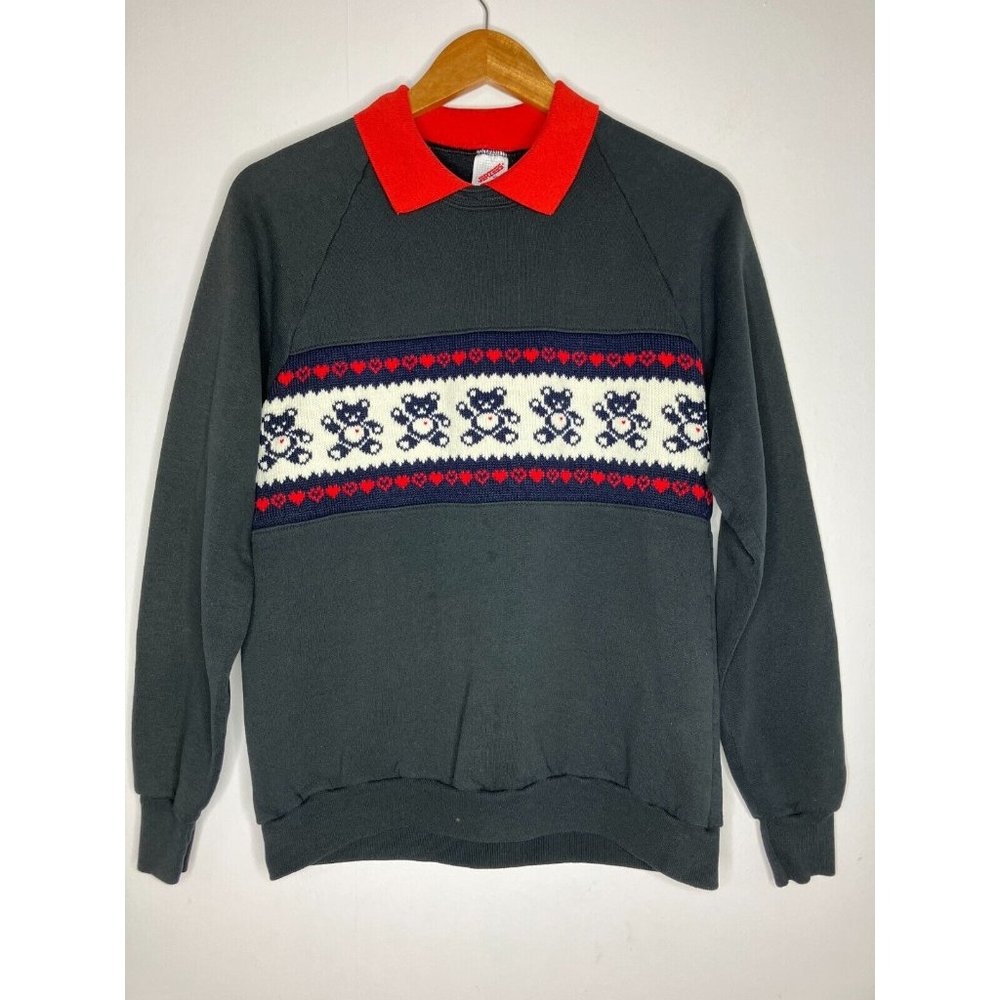 Vintage Medium Hearts Bear Collar Crewneck Sweater READ